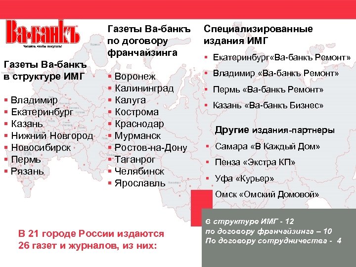 Газеты Ва-банкъ по договору франчайзинга Газеты Ва-банкъ в структуре ИМГ § Владимир § Екатеринбург