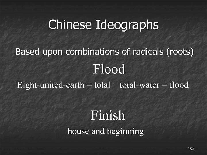 Chinese Ideographs Based upon combinations of radicals (roots) Flood Eight-united-earth = total-water = flood