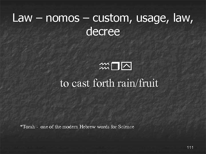 Law – nomos – custom, usage, law, decree hry to cast forth rain/fruit *Torah