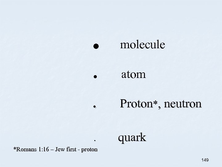 . molecule . atom . Proton*, neutron . quark *Romans 1: 16 – Jew