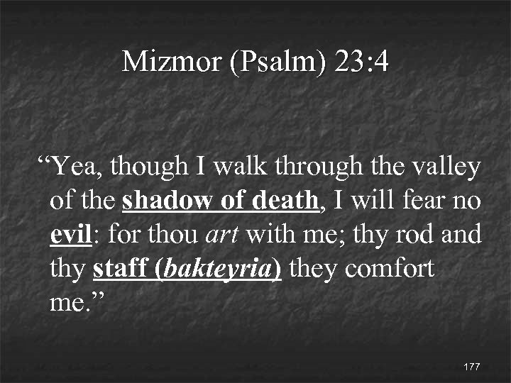 Mizmor (Psalm) 23: 4 “Yea, though I walk through the valley of the shadow