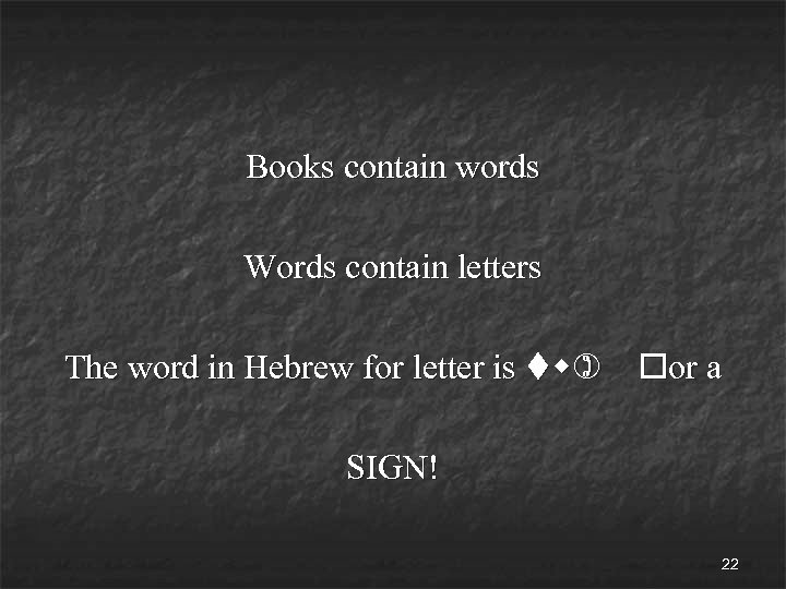 Books contain words Words contain letters The word in Hebrew for letter is tw)