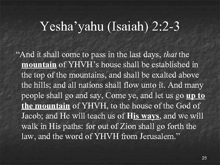 Yesha’yahu (Isaiah) 2: 2 -3 “And it shall come to pass in the last