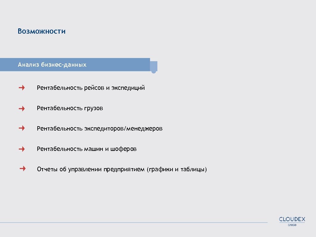 Возможности Анализ бизнес-данных Рентабельность рейсов и экспедиций Рентабельность грузов Рентабельность экспедиторов/менеджеров Рентабельность машин и