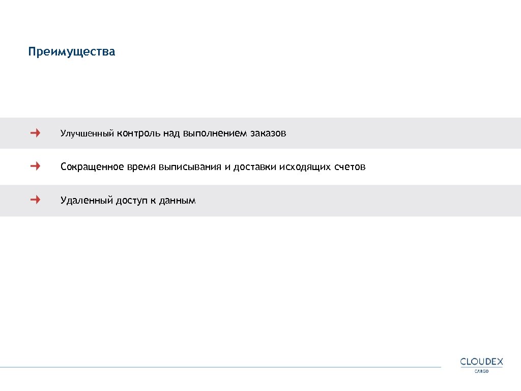Преимущества Улучшенный контроль над выполнением заказов Сокращенное время выписывания и доставки исходящих счетов Удаленный
