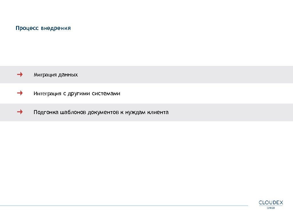 Процесс внедрения Миграция данных Интеграция с другими системами Подгонка шаблонов документов к нуждам клиента