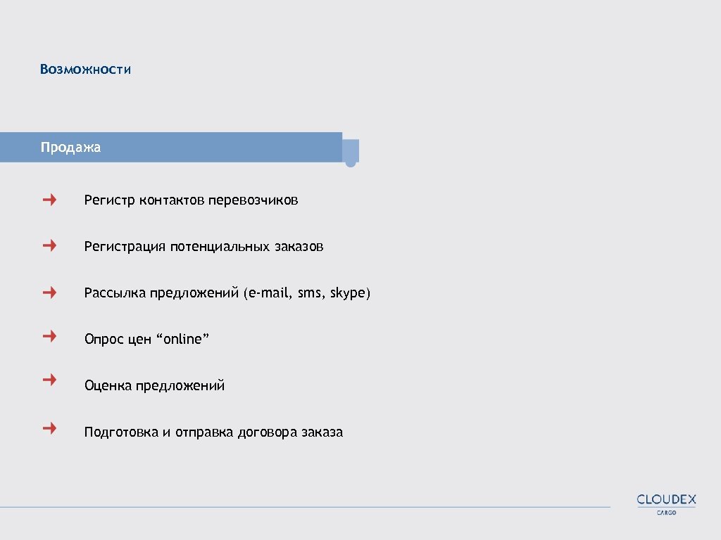 Возможности Продажа Регистр контактов перевозчиков Регистрация потенциальных заказов Рассылка предложений (e-mail, sms, skype) Опрос