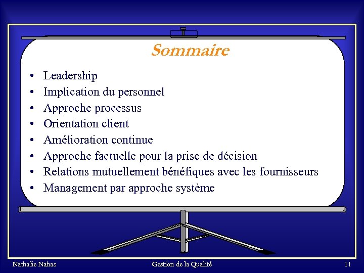 Sommaire • • Leadership Implication du personnel Approche processus Orientation client Amélioration continue Approche