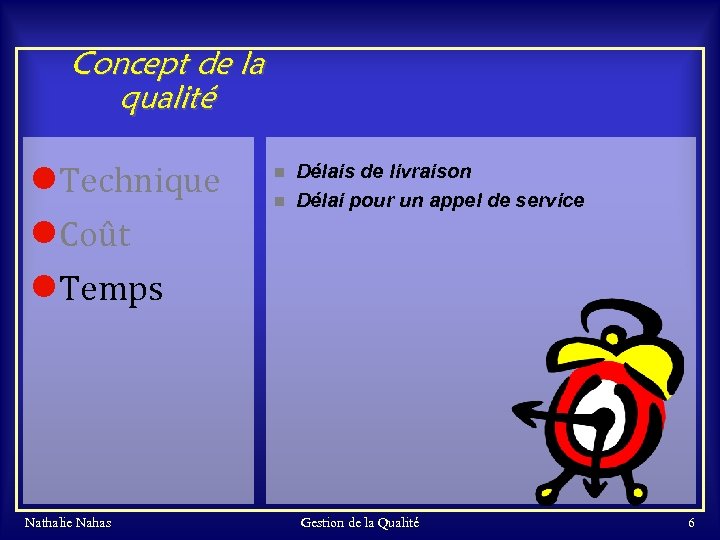 Concept de la qualité l. Technique l. Coût l. Temps Nathalie Nahas n n