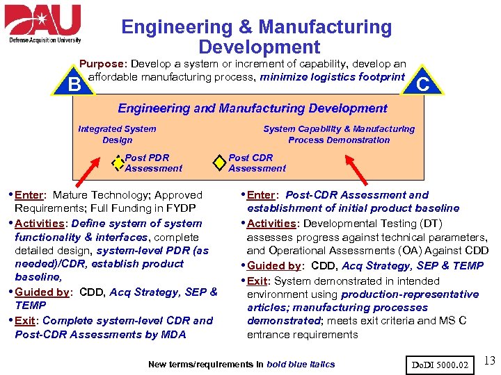 Engineering & Manufacturing Development Purpose: Develop a system or increment of capability, develop an