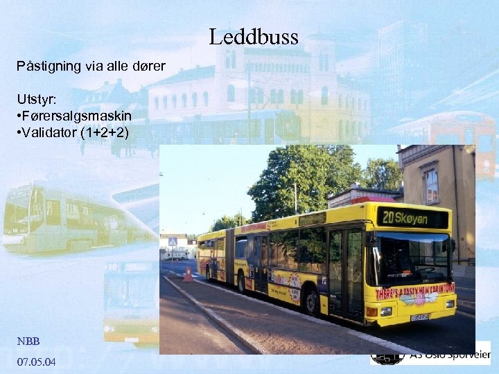Leddbuss Påstigning via alle dører Utstyr: • Førersalgsmaskin • Validator (1+2+2) NBB 07. 05.