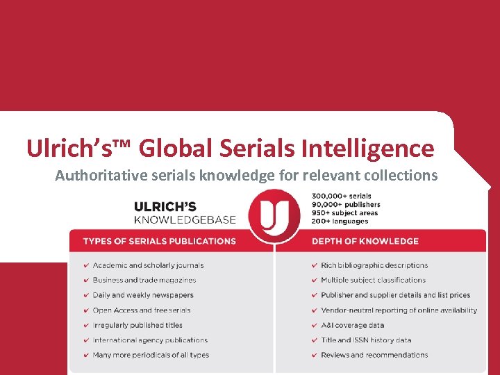 Ulrich’s™ Global Serials Intelligence Authoritative serials knowledge for relevant collections 