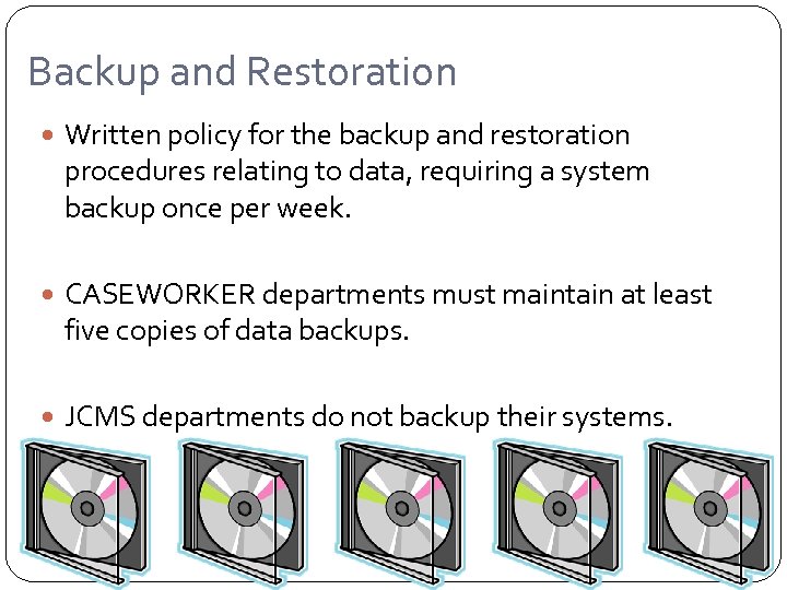 Backup and Restoration Written policy for the backup and restoration procedures relating to data,