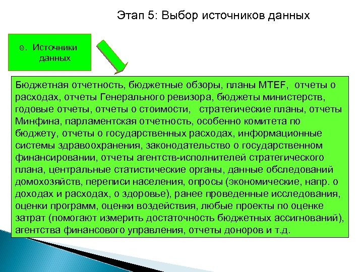 Этап 5: Выбор источников данных e. Источники данных Бюджетная отчетность, бюджетные обзоры, планы MTEF,