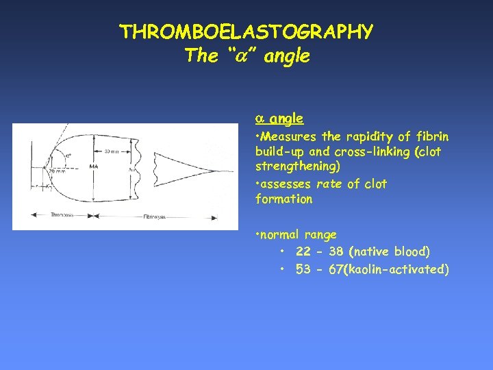 THROMBOELASTOGRAPHY The “ ” angle • Measures the rapidity of fibrin build-up and cross-linking