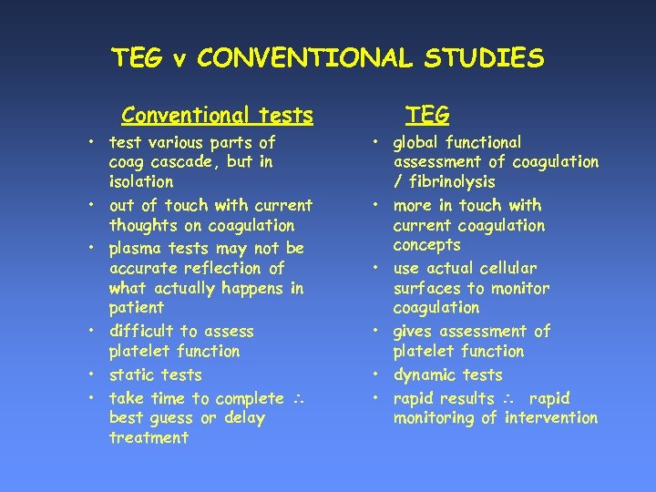 TEG v CONVENTIONAL STUDIES Conventional tests • test various parts of coag cascade, but