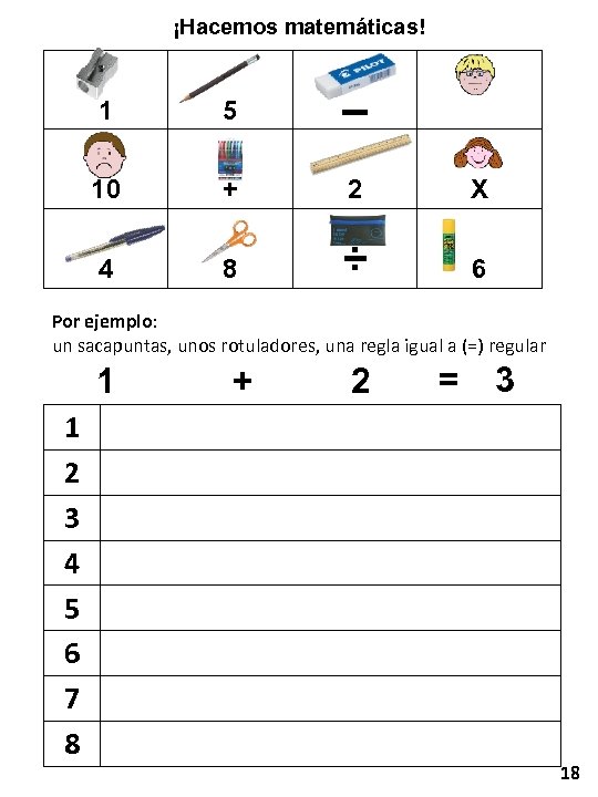 ¡Hacemos matemáticas! 1 5 10 + 2 X 4 8 ÷ 6 Por ejemplo: