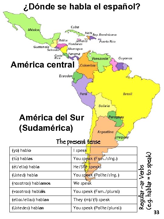 ¿Dónde se habla el español? América central América del Sur (Sudamérica) (yo) hablo I
