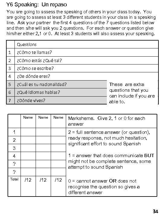 Y 6 Speaking: Un repaso You are going to assess the speaking of others