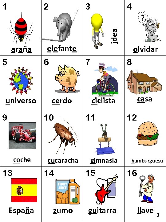 2 araña 5 3 elefante 6 universo 9 7 cerdo 10 coche 13 España