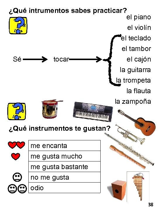 ¿Qué intrumentos sabes practicar? el piano el violín el teclado el tambor Sé tocar