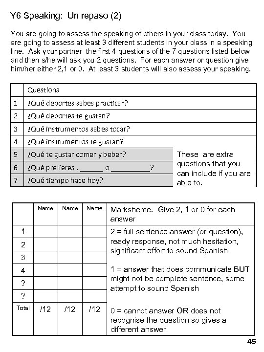 Y 6 Speaking: Un repaso (2) You are going to assess the speaking of