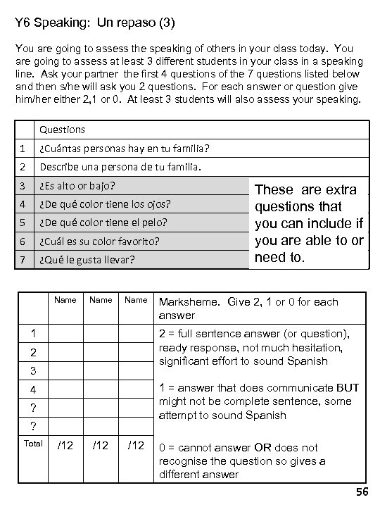 Y 6 Speaking: Un repaso (3) You are going to assess the speaking of