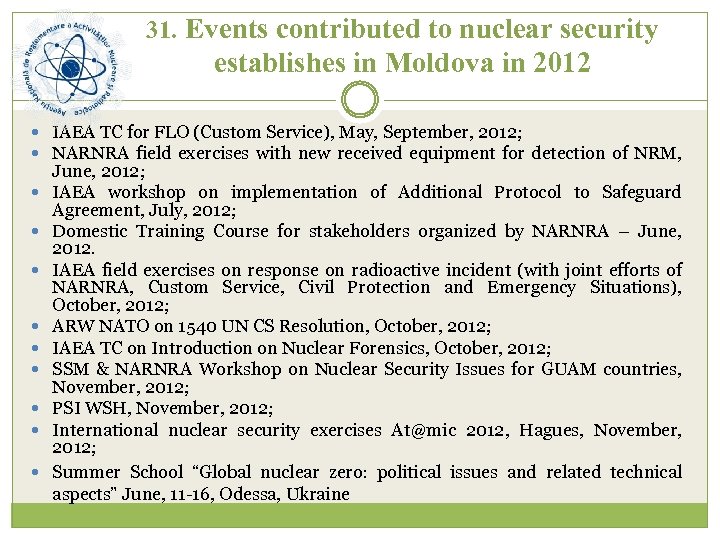 31. Events contributed to nuclear security establishes in Moldova in 2012 IAEA TC for