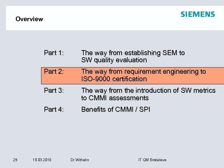 Overview Part 1: Part 2: The way from requirement engineering to ISO-9000 certification Part