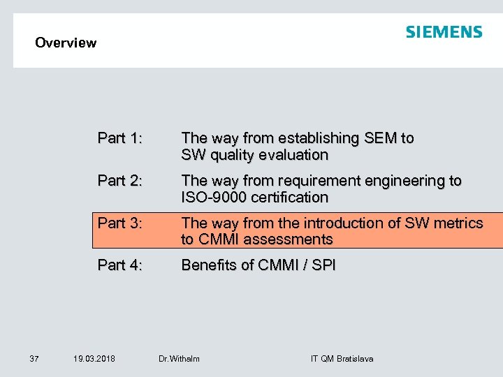 Overview Part 1: Part 2: The way from requirement engineering to ISO-9000 certification Part