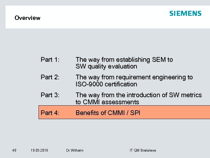 Overview Part 1: Part 2: The way from requirement engineering to ISO-9000 certification Part