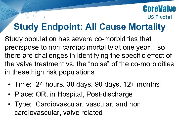 Core. Valve US Pivotal Study Endpoint: All Cause Mortality Study population has severe co-morbidities