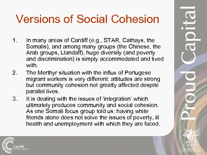 Versions of Social Cohesion 1. 2. 3. In many areas of Cardiff (e. g.