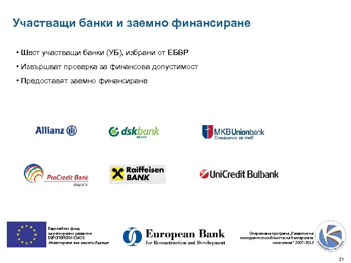 Участващи банки и заемно финансиране • Шест участващи банки (УБ), избрани от ЕБВР •