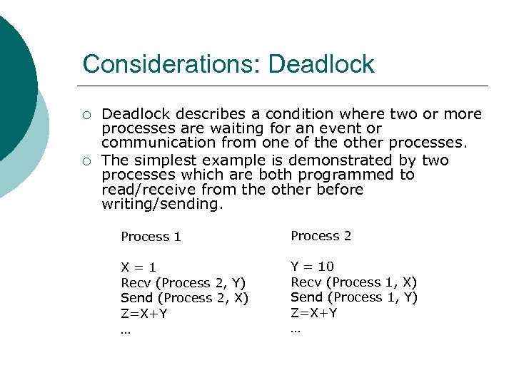 Considerations: Deadlock ¡ ¡ Deadlock describes a condition where two or more processes are