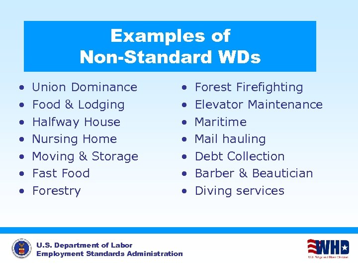 Examples of Non-Standard WDs • • Union Dominance Food & Lodging Halfway House Nursing