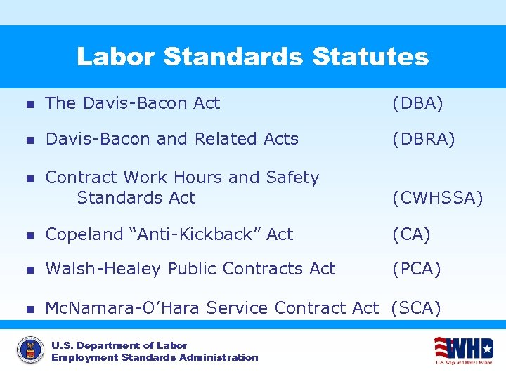 Labor Standards Statutes n The Davis-Bacon Act (DBA) n Davis-Bacon and Related Acts (DBRA)