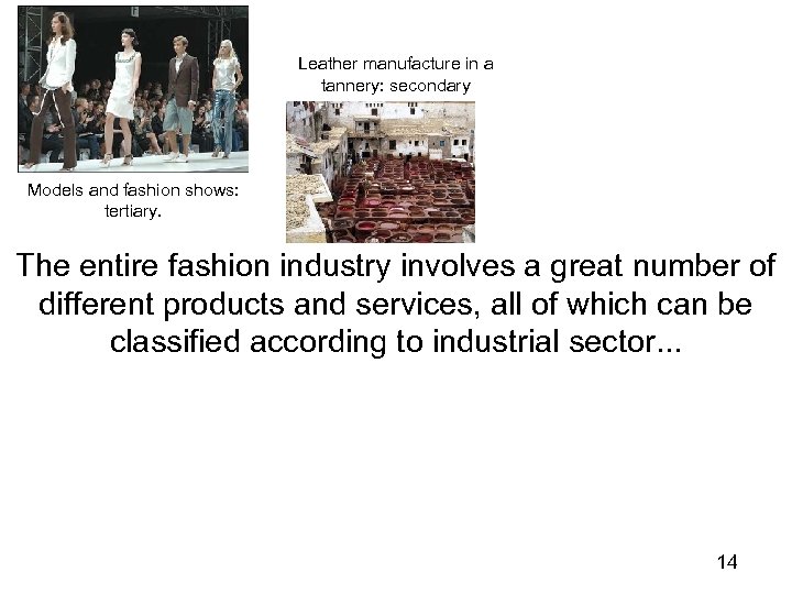 Leather manufacture in a tannery: secondary Models and fashion shows: tertiary. The entire fashion