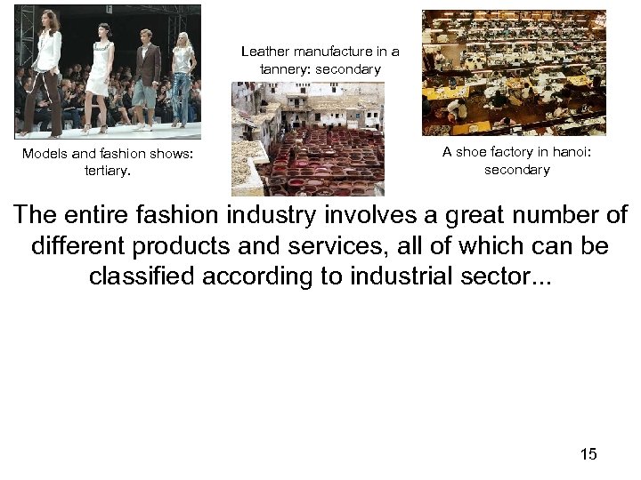 Leather manufacture in a tannery: secondary Models and fashion shows: tertiary. A shoe factory