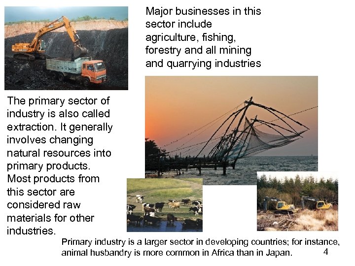 Major businesses in this sector include agriculture, fishing, forestry and all mining and quarrying