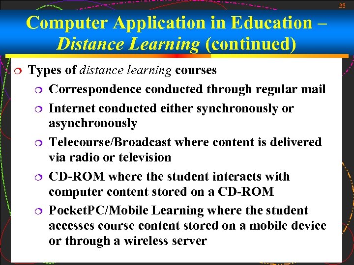 35 Computer Application in Education – Distance Learning (continued) Types of distance learning courses