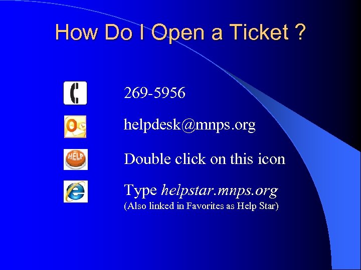 How Do I Open a Ticket ? 269 -5956 helpdesk@mnps. org Double click on