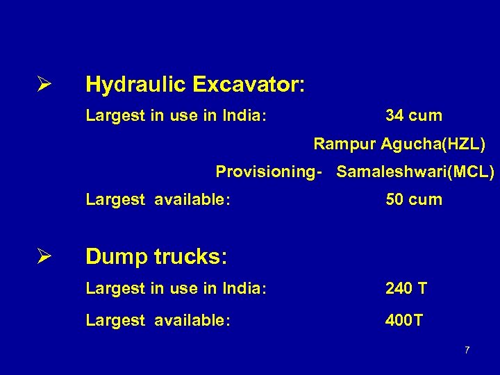 Ø Hydraulic Excavator: Largest in use in India: 34 cum Rampur Agucha(HZL) Provisioning- Samaleshwari(MCL)