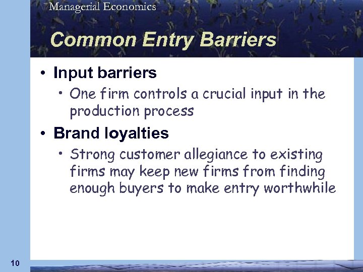 Managerial Economics Common Entry Barriers • Input barriers • One firm controls a crucial