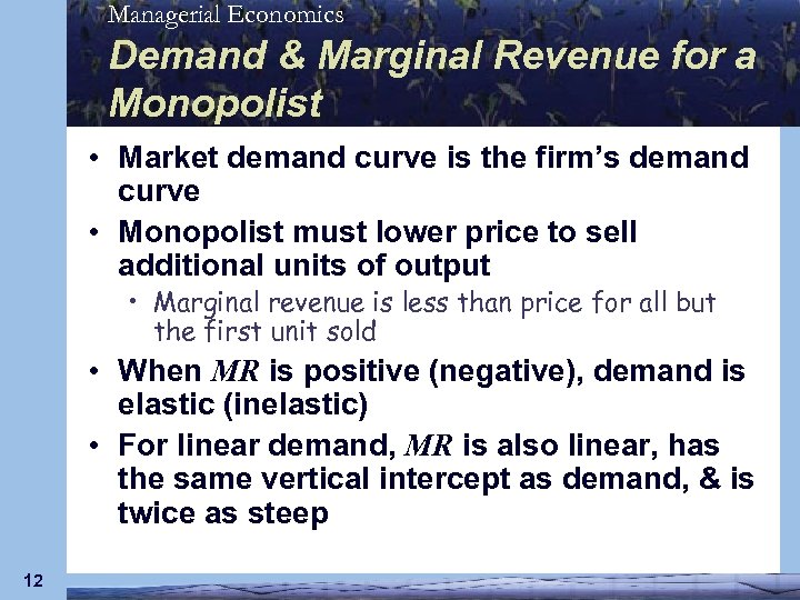 Managerial Economics Demand & Marginal Revenue for a Monopolist • Market demand curve is