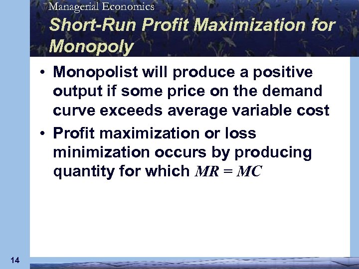 Managerial Economics Short-Run Profit Maximization for Monopoly • Monopolist will produce a positive output