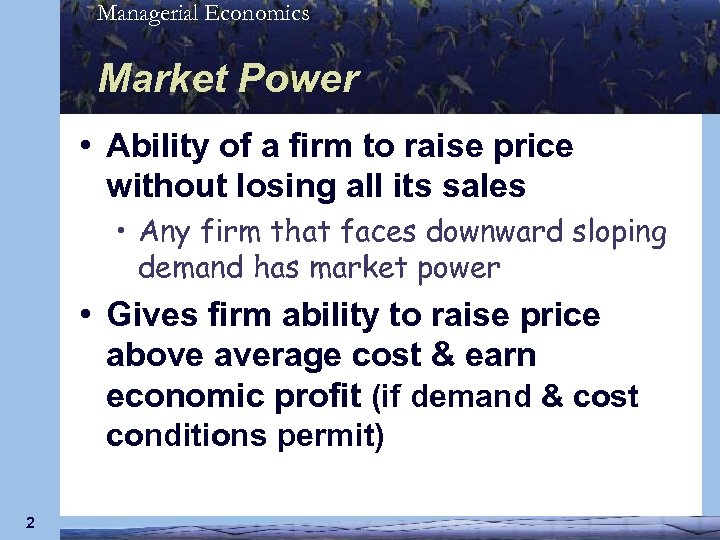 Managerial Economics Market Power • Ability of a firm to raise price without losing