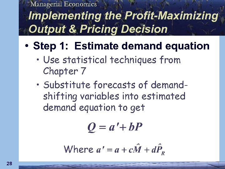 Managerial Economics Implementing the Profit-Maximizing Output & Pricing Decision • Step 1: Estimate demand