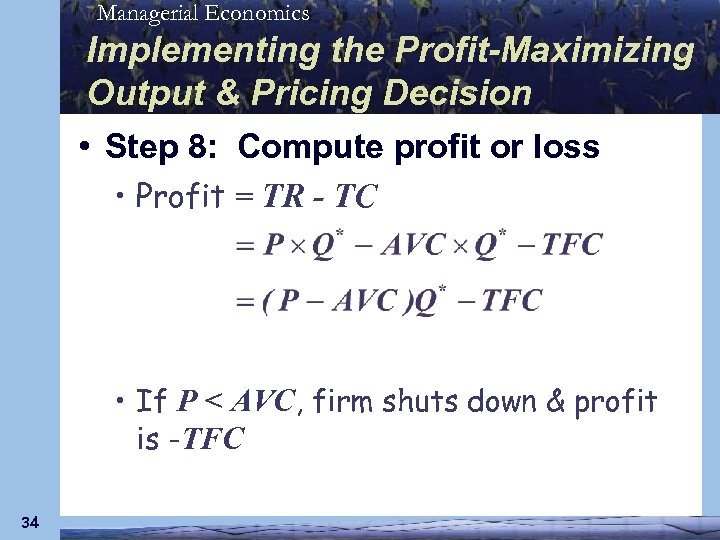 Managerial Economics Implementing the Profit-Maximizing Output & Pricing Decision • Step 8: Compute profit