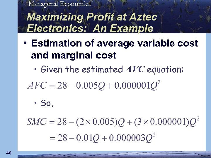 Managerial Economics Maximizing Profit at Aztec Electronics: An Example • Estimation of average variable